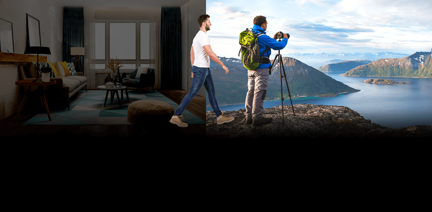 Split scene showing modern living room and mountain landscape with photographer